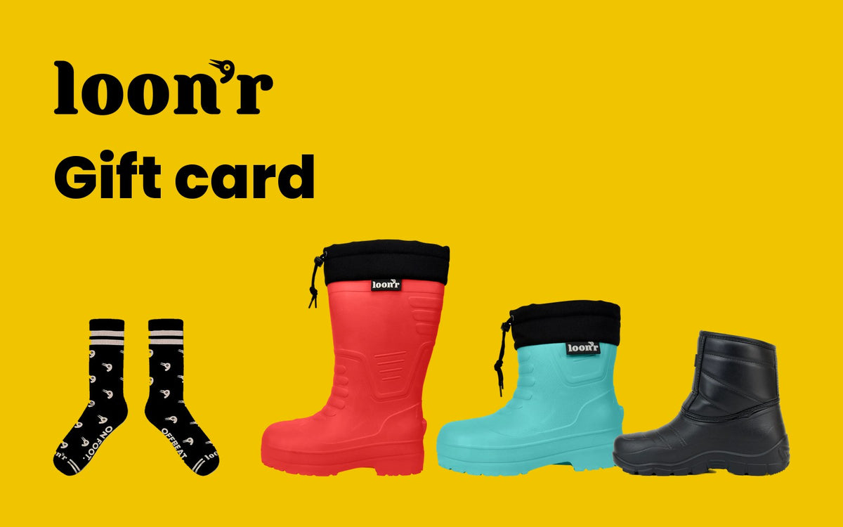 Loon'r gift card with the Hi Flyer, Lo Rider, Sidekick and a pair of Offbeat Crew socks