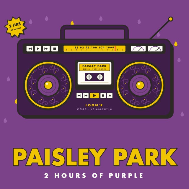 Paisley Park playlist cover: a purple boombox, 2 hours of purple